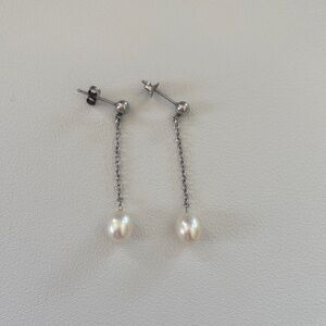 Sterling Silver Pearl Drop Chain Earrings - Real White Pearls